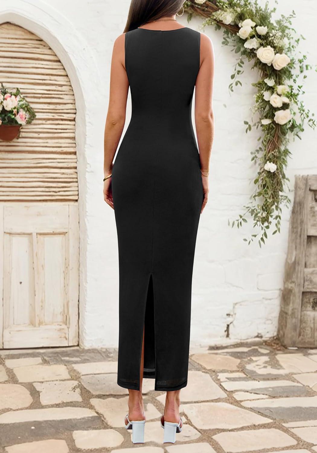 imageBTFBM Formal Wedding Guest Dresses for Women Summer Fall 2025 Sleeveless Ruched Bodycon Mesh Elegant Maxi Cocktail DressBlack
