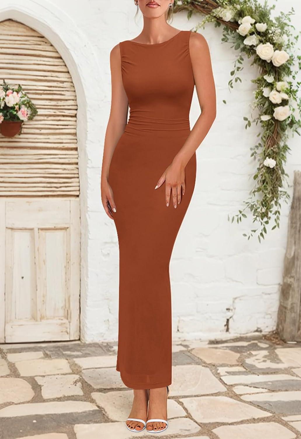 imageBTFBM Formal Wedding Guest Dresses for Women Summer Fall 2025 Sleeveless Ruched Bodycon Mesh Elegant Maxi Cocktail DressCaramel