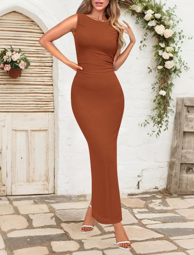imageBTFBM Formal Wedding Guest Dresses for Women Summer Fall 2025 Sleeveless Ruched Bodycon Mesh Elegant Maxi Cocktail DressCaramel