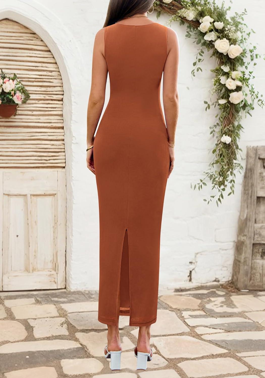 imageBTFBM Formal Wedding Guest Dresses for Women Summer Fall 2025 Sleeveless Ruched Bodycon Mesh Elegant Maxi Cocktail DressCaramel