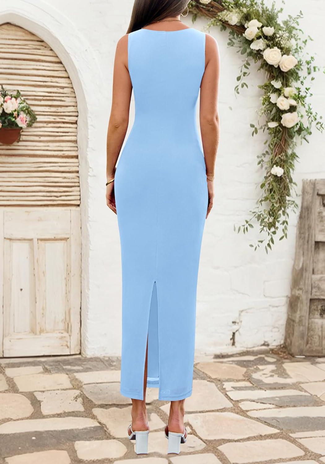 imageBTFBM Formal Wedding Guest Dresses for Women Summer Fall 2025 Sleeveless Ruched Bodycon Mesh Elegant Maxi Cocktail DressLight Blue