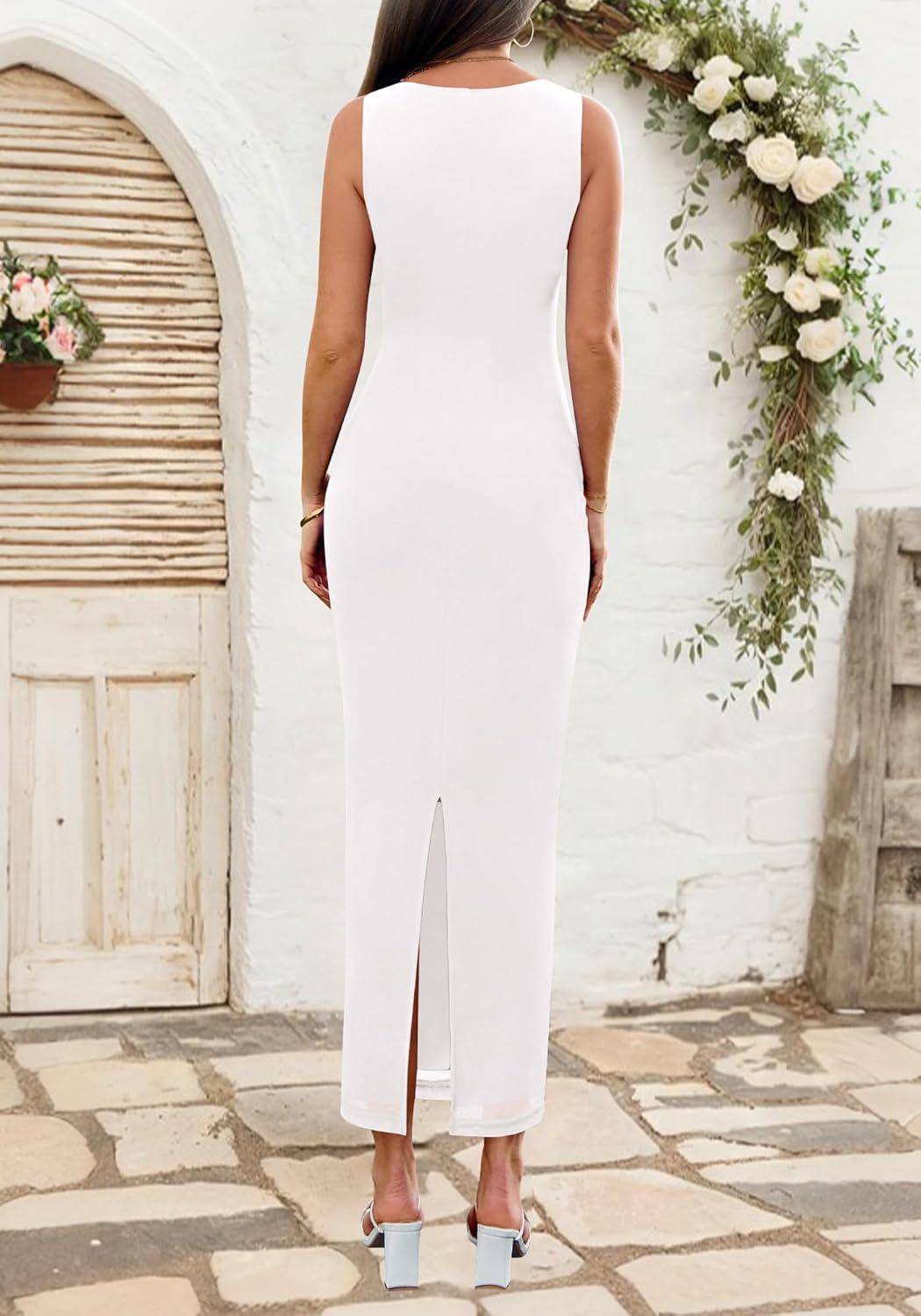imageBTFBM Formal Wedding Guest Dresses for Women Summer Fall 2025 Sleeveless Ruched Bodycon Mesh Elegant Maxi Cocktail DressWhite