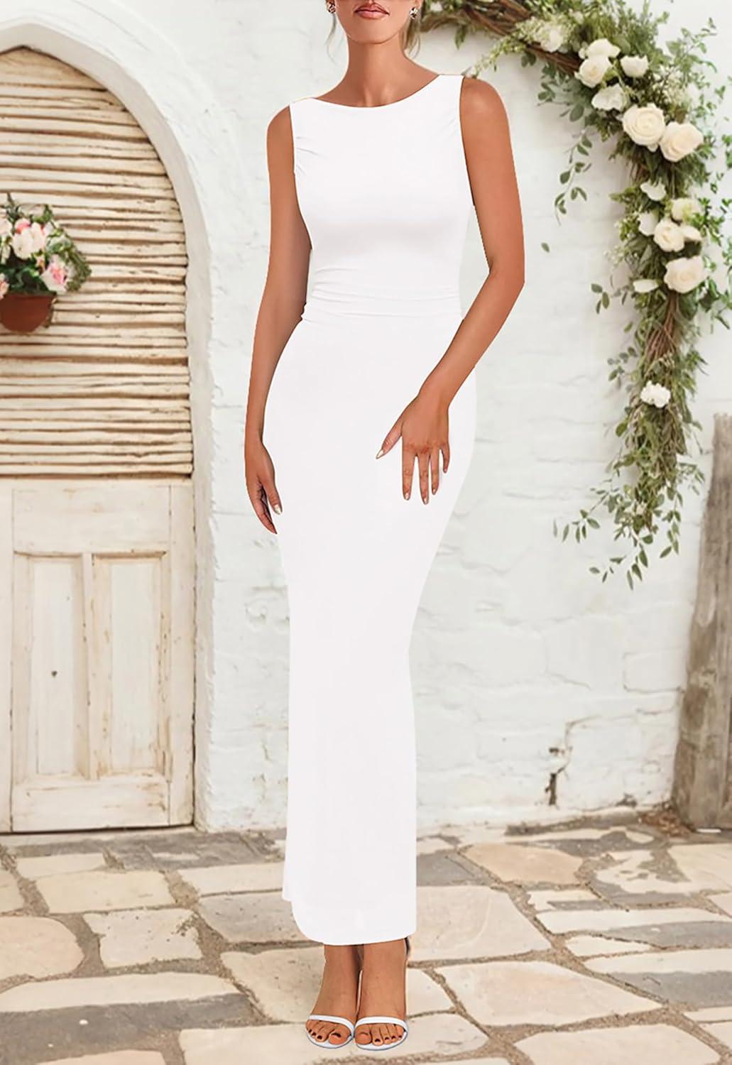imageBTFBM Formal Wedding Guest Dresses for Women Summer Fall 2025 Sleeveless Ruched Bodycon Mesh Elegant Maxi Cocktail DressWhite