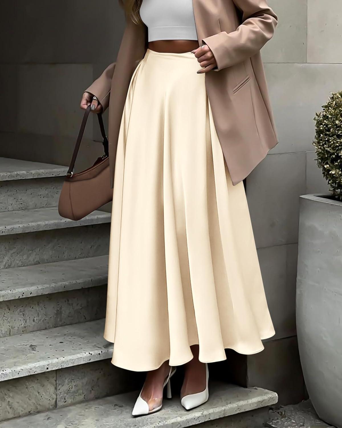 imageBTFBM High Waisted Skirts for Women Fall Clothes 2025 Elegant Satin Flowy ALine Cocktail Formal Night Out Maxi SkirtBeige