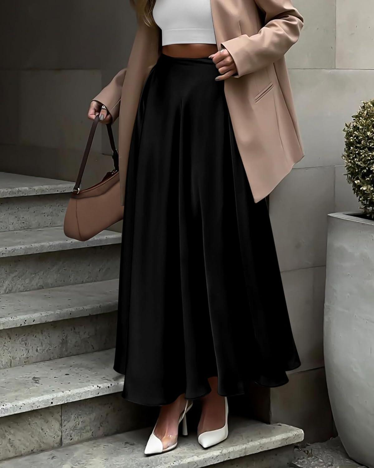 imageBTFBM High Waisted Skirts for Women Fall Clothes 2025 Elegant Satin Flowy ALine Cocktail Formal Night Out Maxi SkirtBlack