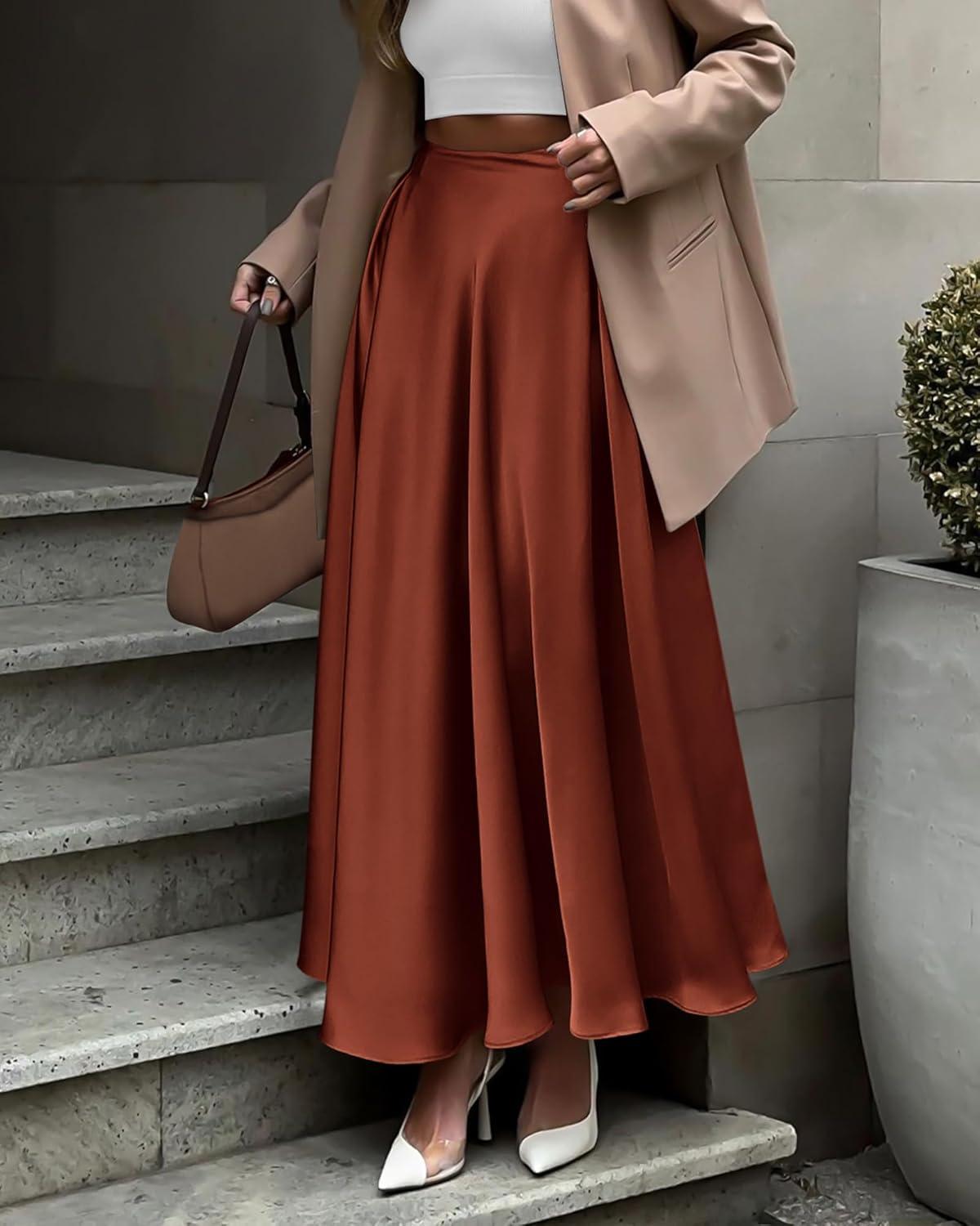 imageBTFBM High Waisted Skirts for Women Fall Clothes 2025 Elegant Satin Flowy ALine Cocktail Formal Night Out Maxi SkirtBrown