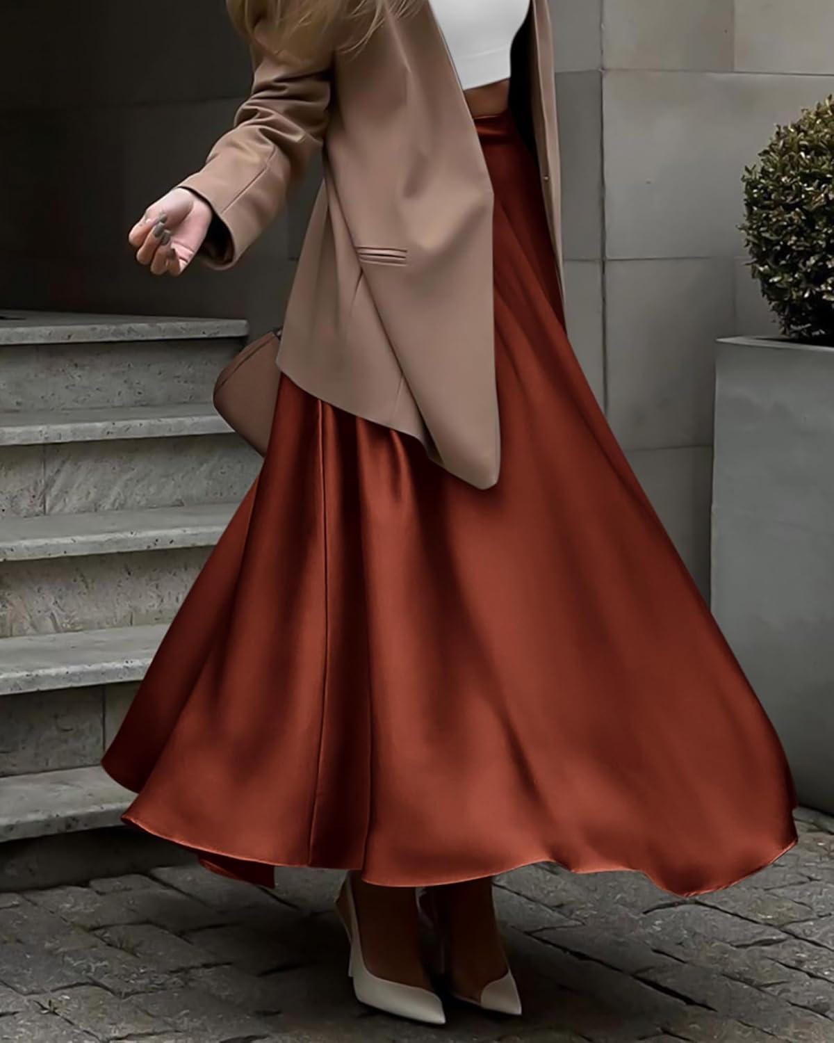 imageBTFBM High Waisted Skirts for Women Fall Clothes 2025 Elegant Satin Flowy ALine Cocktail Formal Night Out Maxi SkirtBrown