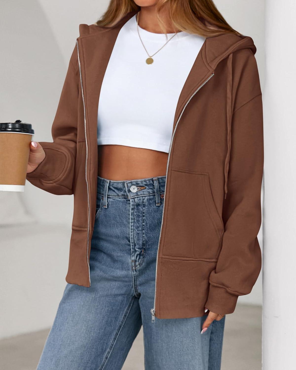 imageBTFBM Hoodies for Women Zip Up jacket Drawstring Fall Fashion 2025 Trendy Long Sleeve Sweatshirt Winter Clothing OutfitsBrown