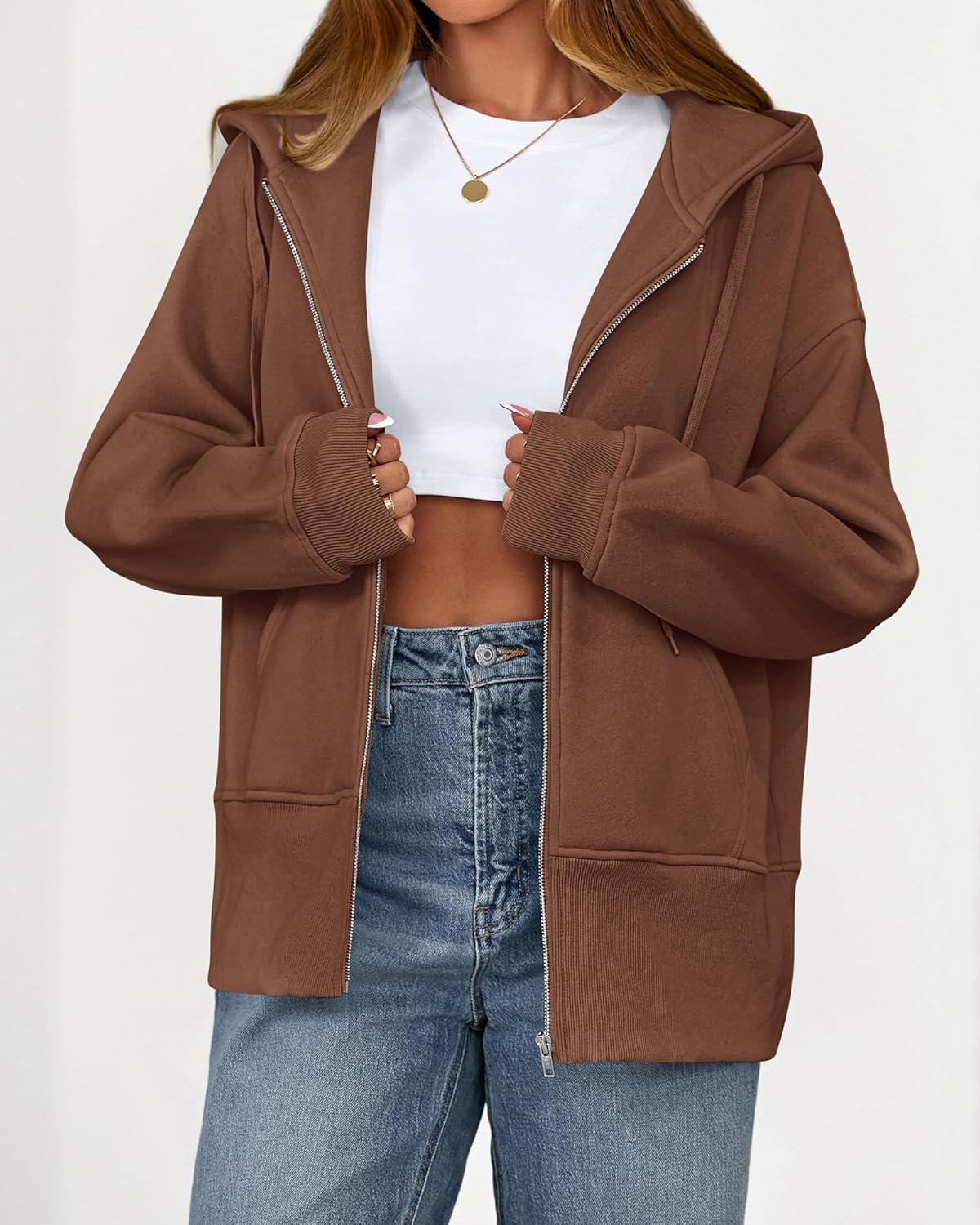 imageBTFBM Hoodies for Women Zip Up jacket Drawstring Fall Fashion 2025 Trendy Long Sleeve Sweatshirt Winter Clothing OutfitsBrown