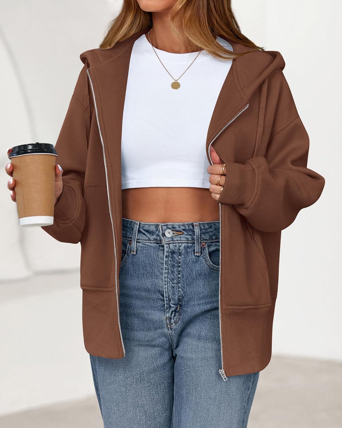 imageBTFBM Hoodies for Women Zip Up jacket Drawstring Fall Fashion 2025 Trendy Long Sleeve Sweatshirt Winter Clothing OutfitsBrown