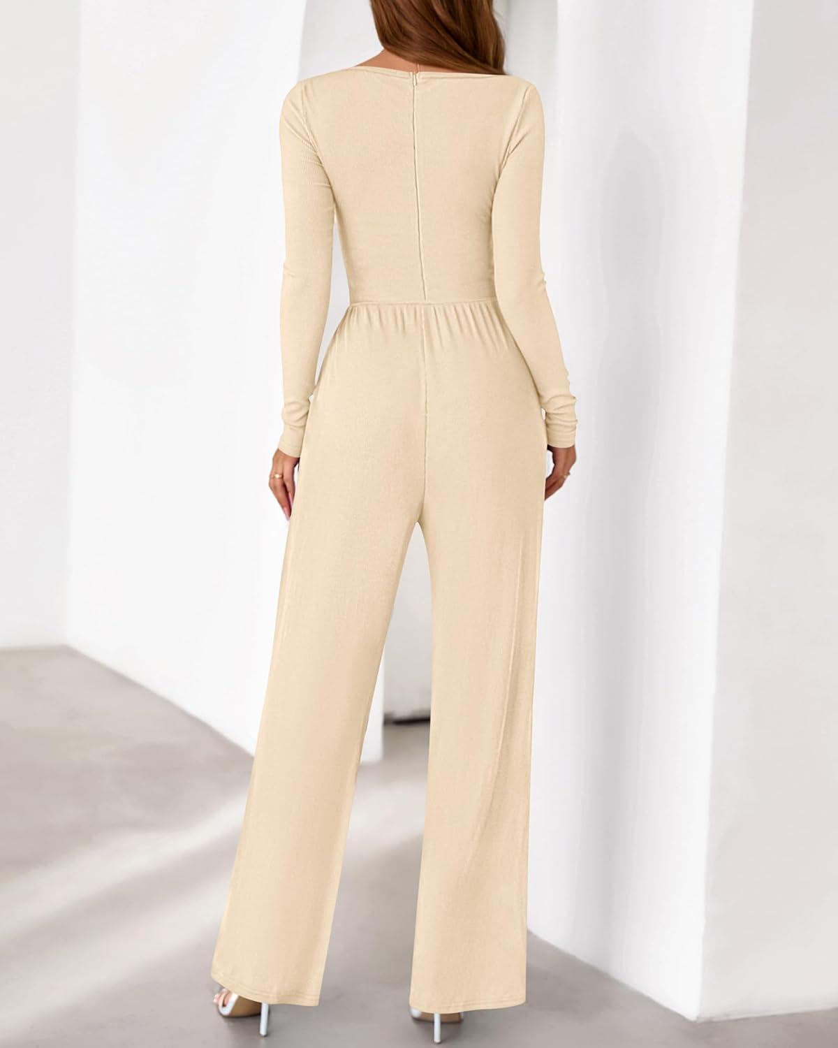 imageBTFBM Jumpsuits For Women One Piece Outfits Long Sleeve Stretchy Knit Wide Leg Pants Womens Jumpsuit Fall Clothes 2025Beige
