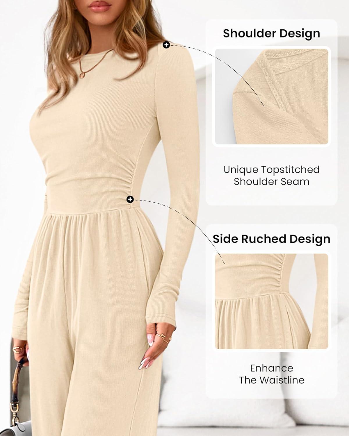 imageBTFBM Jumpsuits For Women One Piece Outfits Long Sleeve Stretchy Knit Wide Leg Pants Womens Jumpsuit Fall Clothes 2025Beige