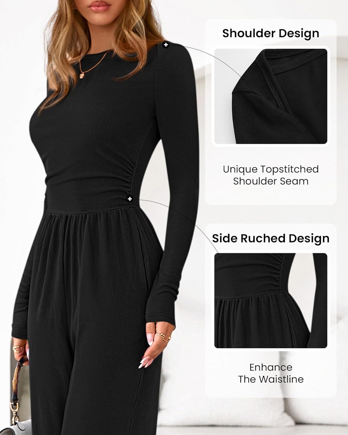 imageBTFBM Jumpsuits For Women One Piece Outfits Long Sleeve Stretchy Knit Wide Leg Pants Womens Jumpsuit Fall Clothes 2025Black