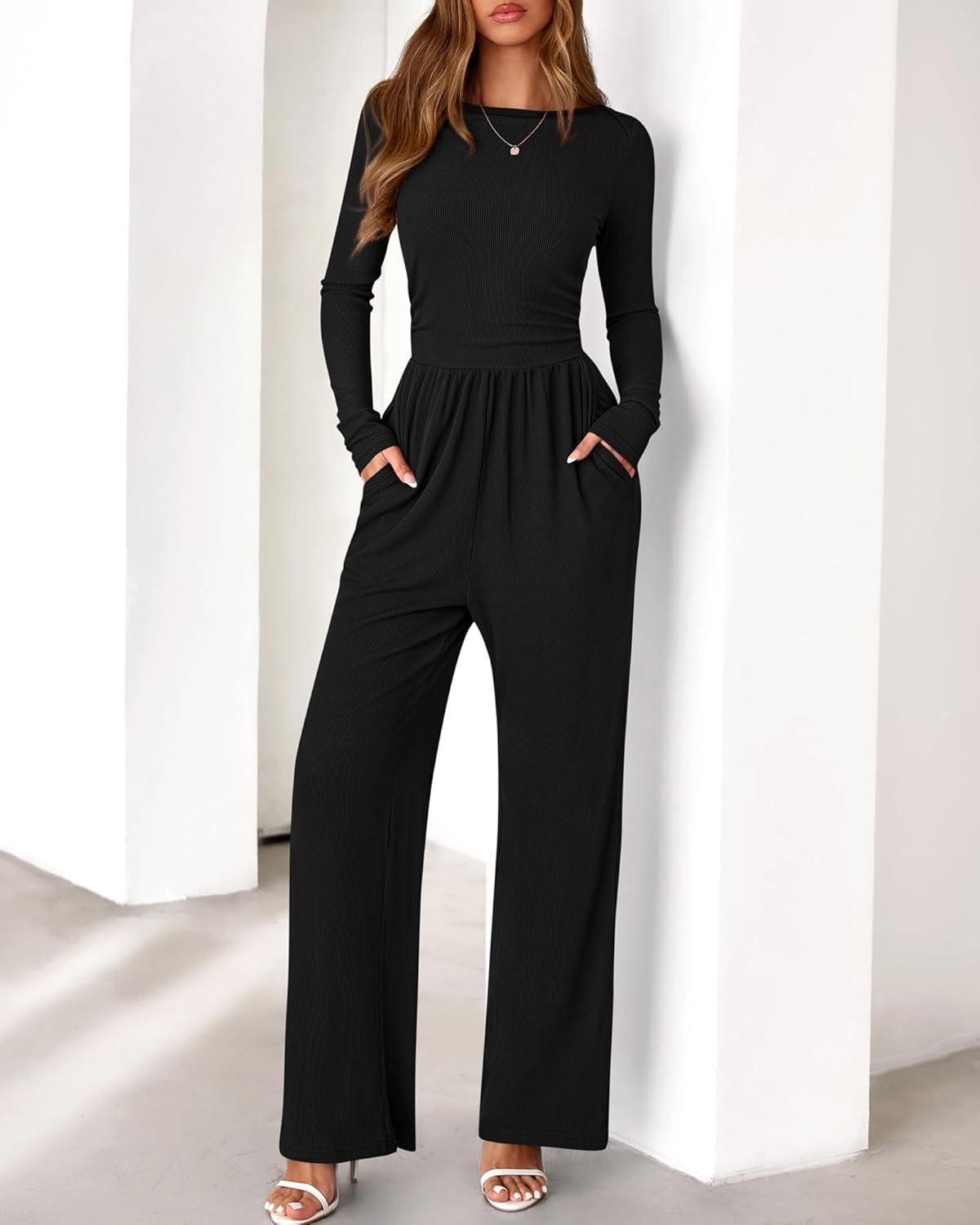 imageBTFBM Jumpsuits For Women One Piece Outfits Long Sleeve Stretchy Knit Wide Leg Pants Womens Jumpsuit Fall Clothes 2025Black