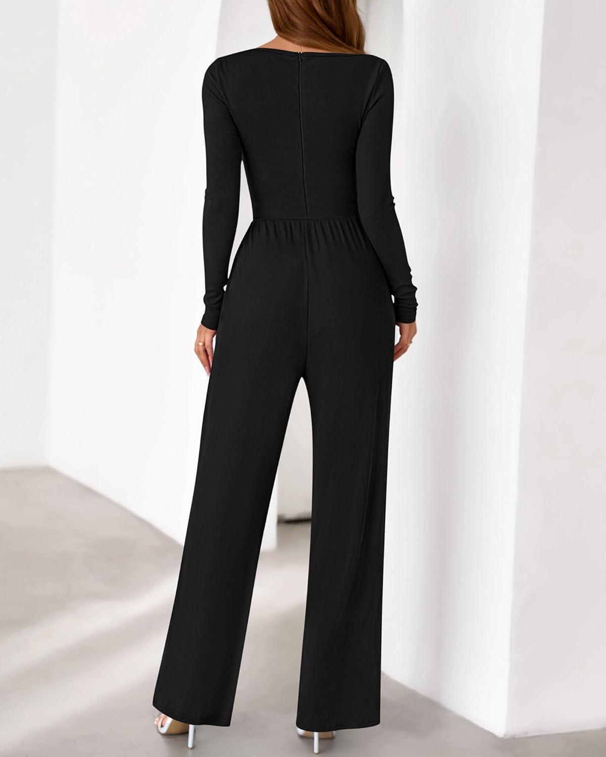 imageBTFBM Jumpsuits For Women One Piece Outfits Long Sleeve Stretchy Knit Wide Leg Pants Womens Jumpsuit Fall Clothes 2025Black