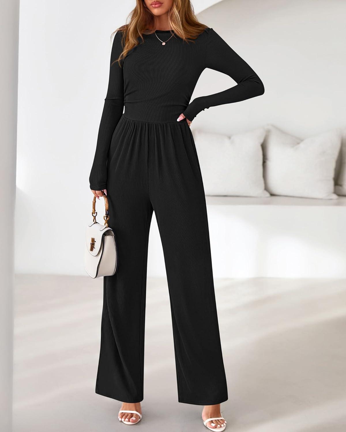 imageBTFBM Jumpsuits For Women One Piece Outfits Long Sleeve Stretchy Knit Wide Leg Pants Womens Jumpsuit Fall Clothes 2025Black