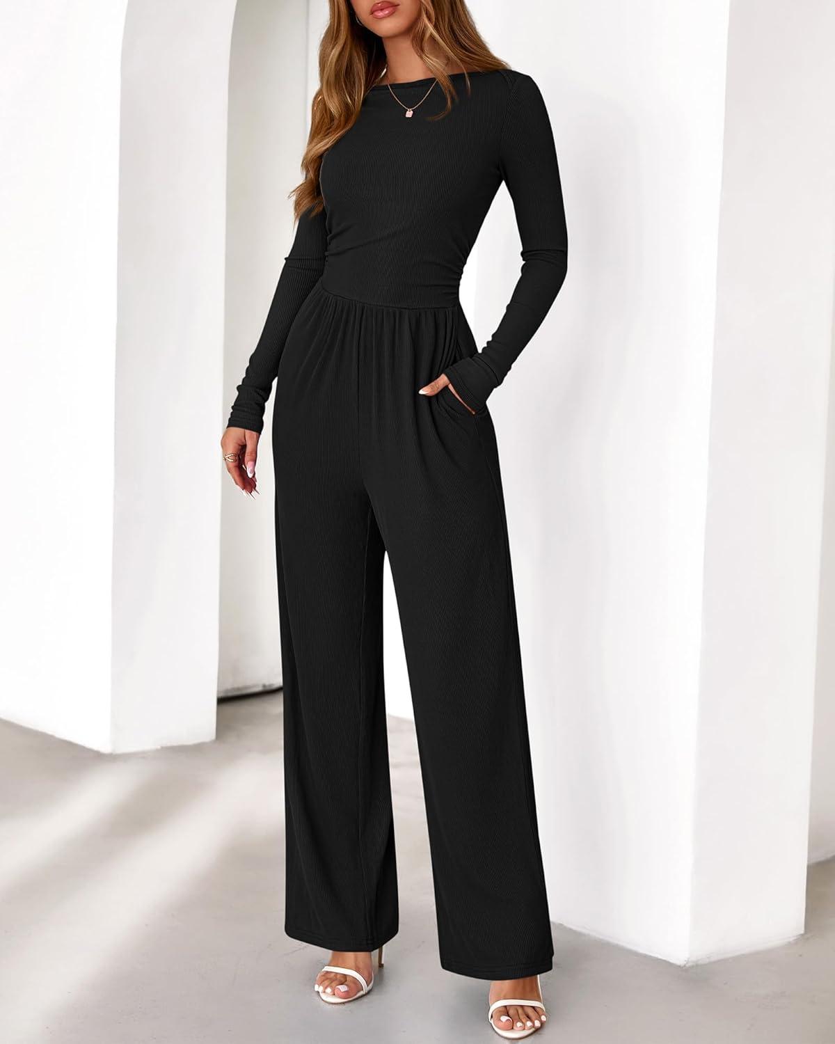 imageBTFBM Jumpsuits For Women One Piece Outfits Long Sleeve Stretchy Knit Wide Leg Pants Womens Jumpsuit Fall Clothes 2025Black