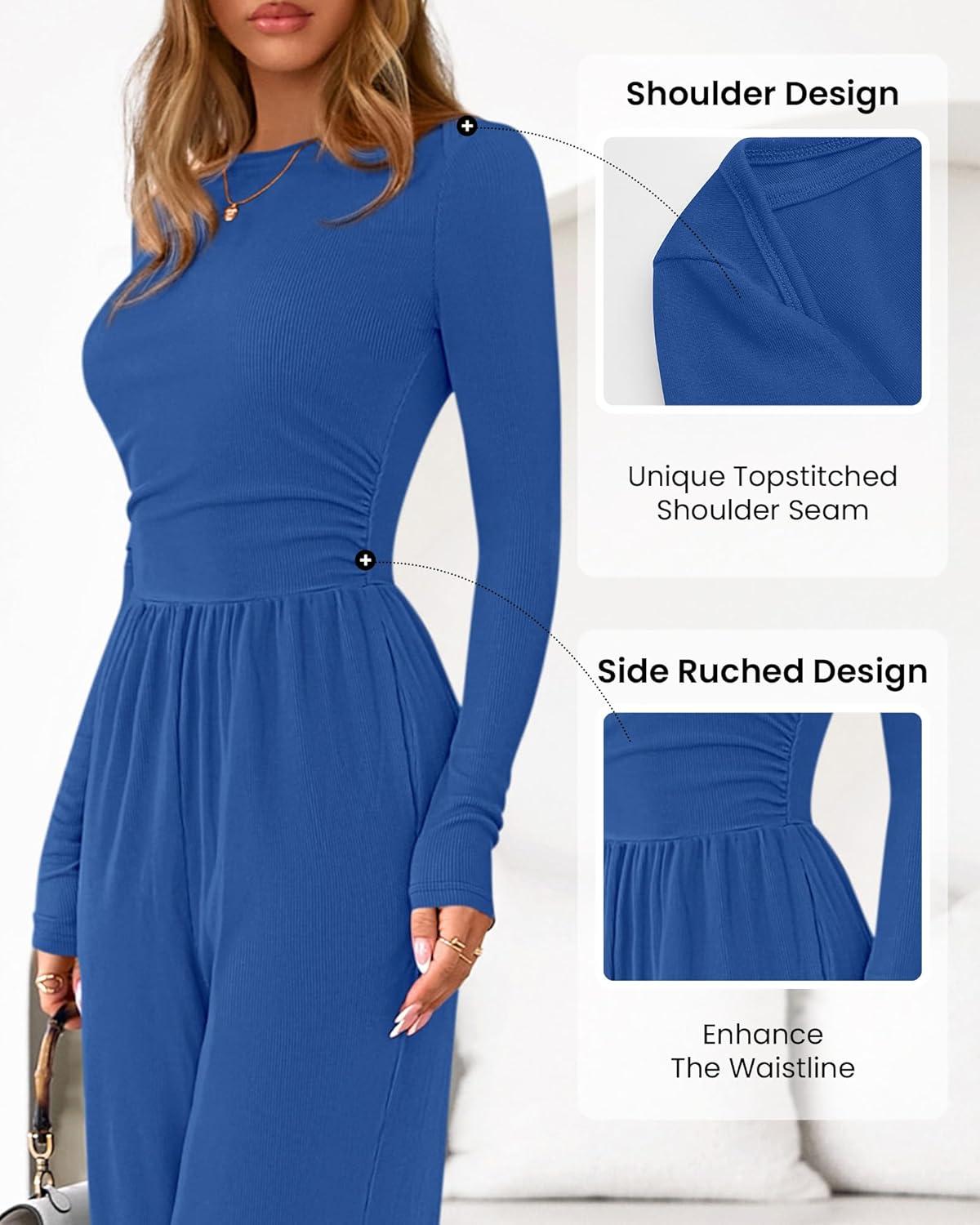 imageBTFBM Jumpsuits For Women One Piece Outfits Long Sleeve Stretchy Knit Wide Leg Pants Womens Jumpsuit Fall Clothes 2025Blue
