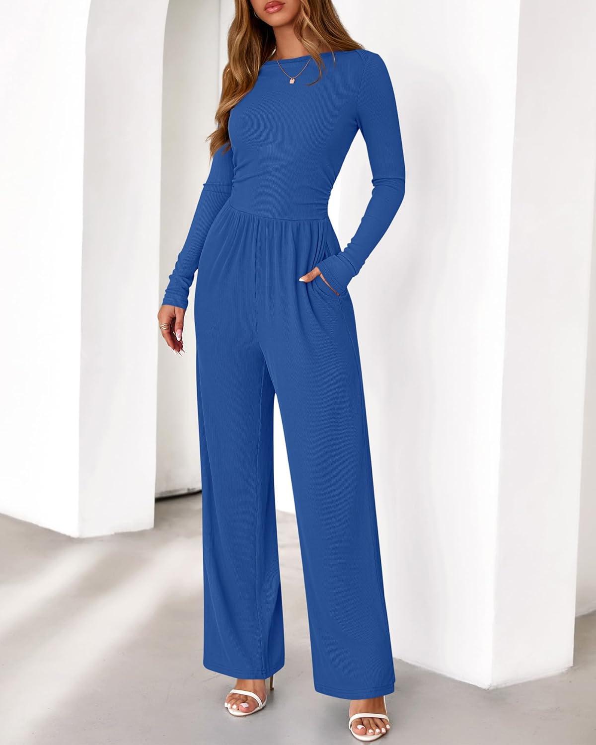 imageBTFBM Jumpsuits For Women One Piece Outfits Long Sleeve Stretchy Knit Wide Leg Pants Womens Jumpsuit Fall Clothes 2025Blue