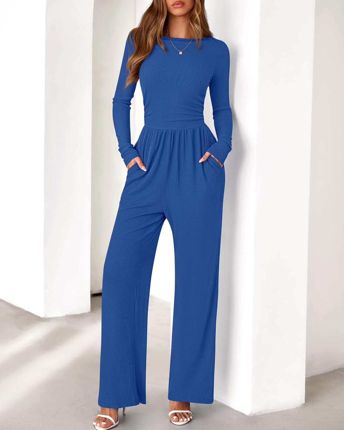 imageBTFBM Jumpsuits For Women One Piece Outfits Long Sleeve Stretchy Knit Wide Leg Pants Womens Jumpsuit Fall Clothes 2025Blue