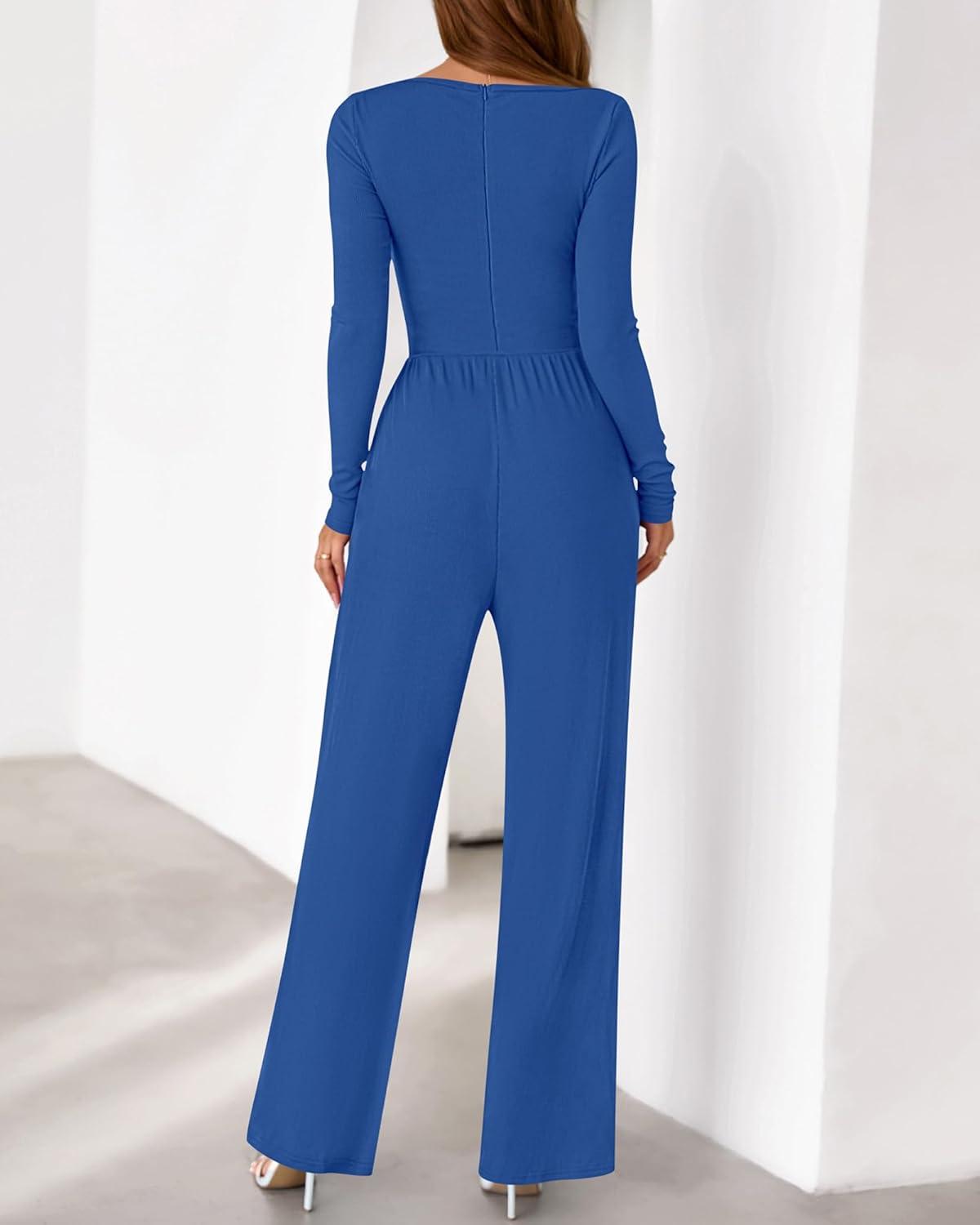 imageBTFBM Jumpsuits For Women One Piece Outfits Long Sleeve Stretchy Knit Wide Leg Pants Womens Jumpsuit Fall Clothes 2025Blue