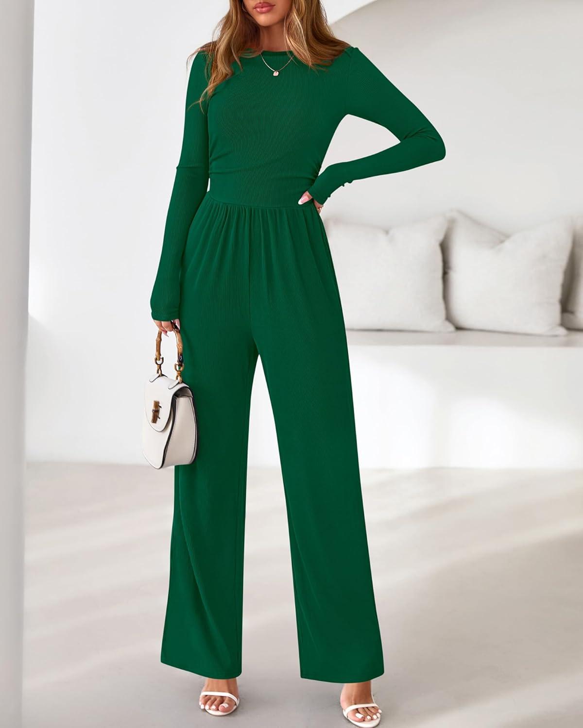 imageBTFBM Jumpsuits For Women One Piece Outfits Long Sleeve Stretchy Knit Wide Leg Pants Womens Jumpsuit Fall Clothes 2025Dark Green