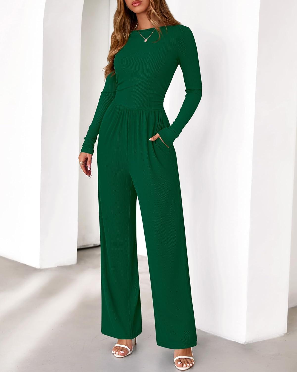 imageBTFBM Jumpsuits For Women One Piece Outfits Long Sleeve Stretchy Knit Wide Leg Pants Womens Jumpsuit Fall Clothes 2025Dark Green