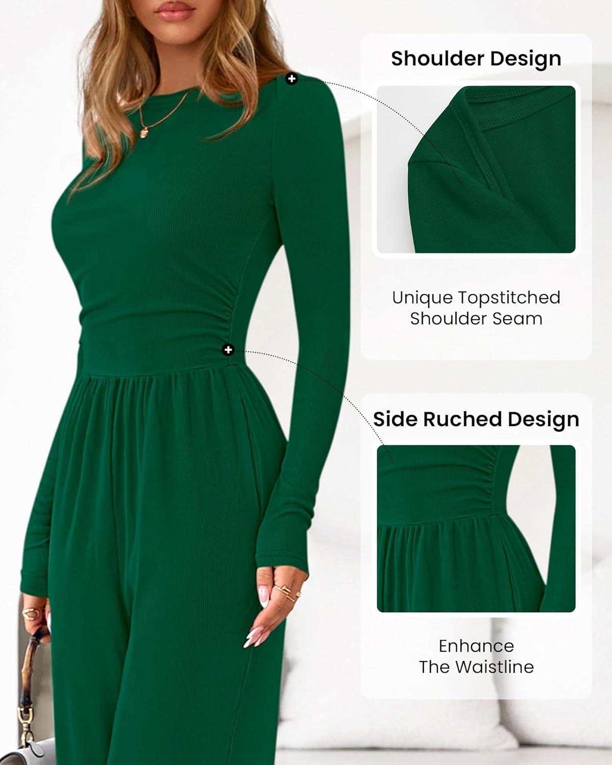 imageBTFBM Jumpsuits For Women One Piece Outfits Long Sleeve Stretchy Knit Wide Leg Pants Womens Jumpsuit Fall Clothes 2025Dark Green