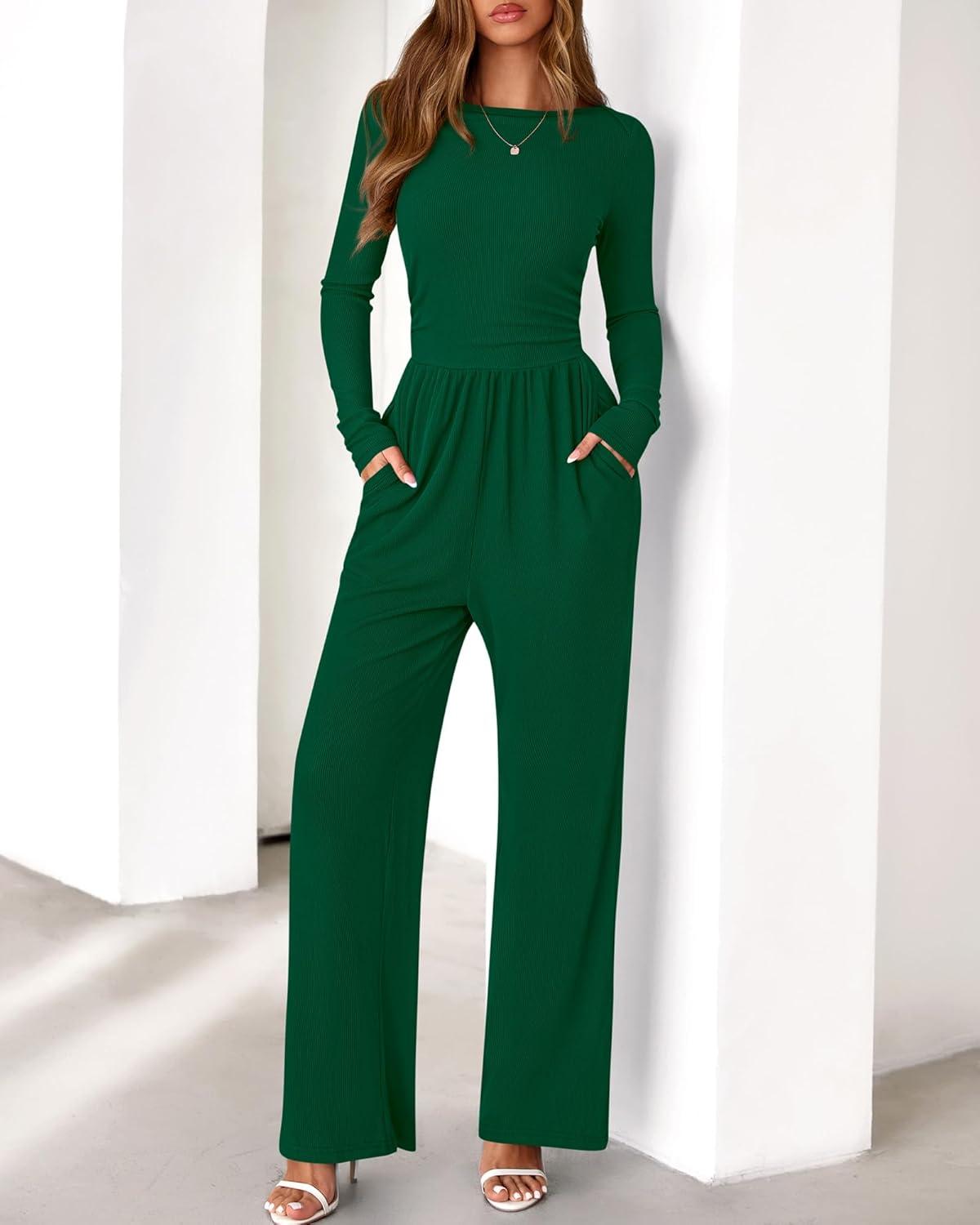 imageBTFBM Jumpsuits For Women One Piece Outfits Long Sleeve Stretchy Knit Wide Leg Pants Womens Jumpsuit Fall Clothes 2025Dark Green