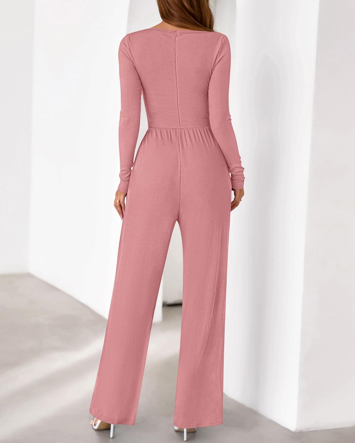 imageBTFBM Jumpsuits For Women One Piece Outfits Long Sleeve Stretchy Knit Wide Leg Pants Womens Jumpsuit Fall Clothes 2025Grey Pink