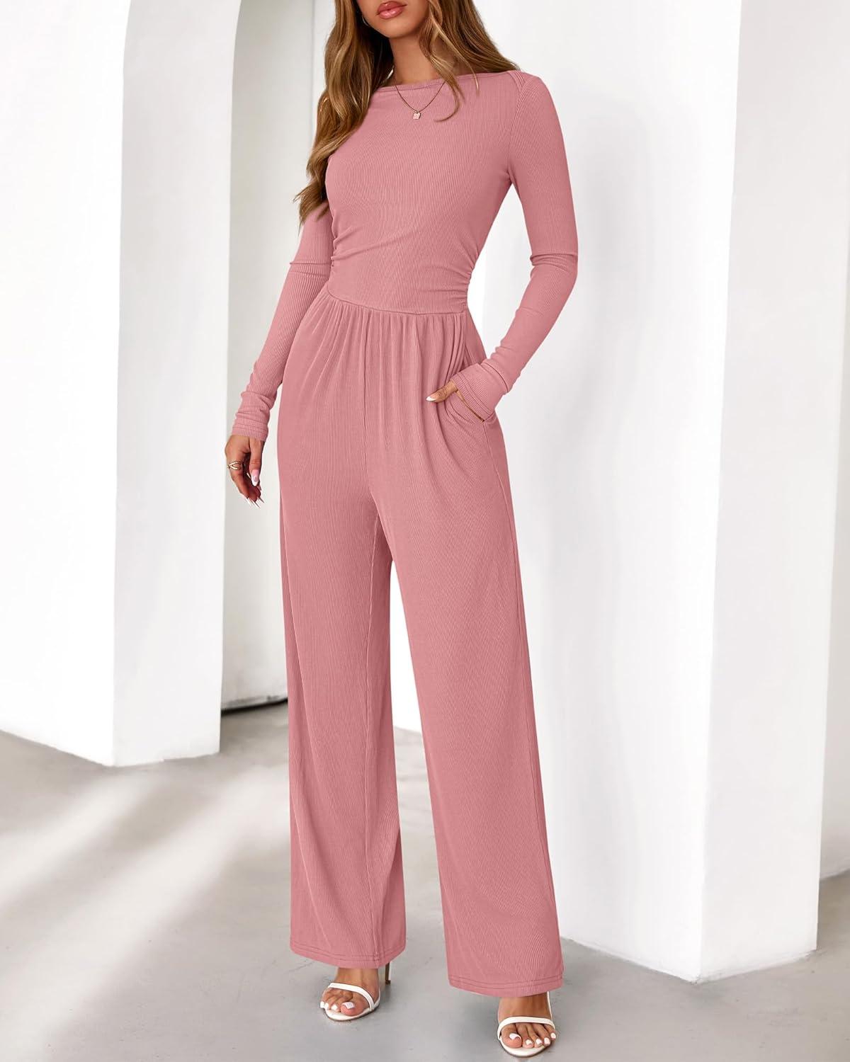 imageBTFBM Jumpsuits For Women One Piece Outfits Long Sleeve Stretchy Knit Wide Leg Pants Womens Jumpsuit Fall Clothes 2025Grey Pink