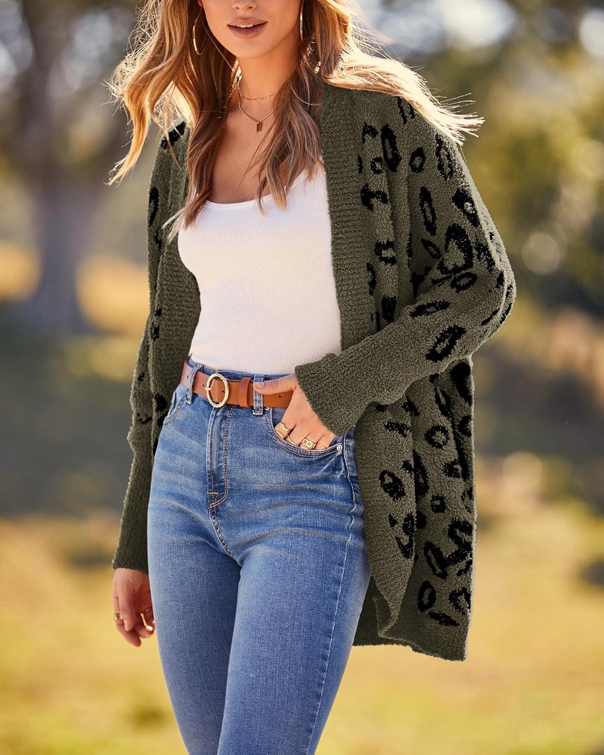 imageBTFBM Leopard Cardigan for Women Long Sleeve Open Front Cardigans Sweaters Pockets Loose Knit 2025 Fall Winter OutwearArmy Green