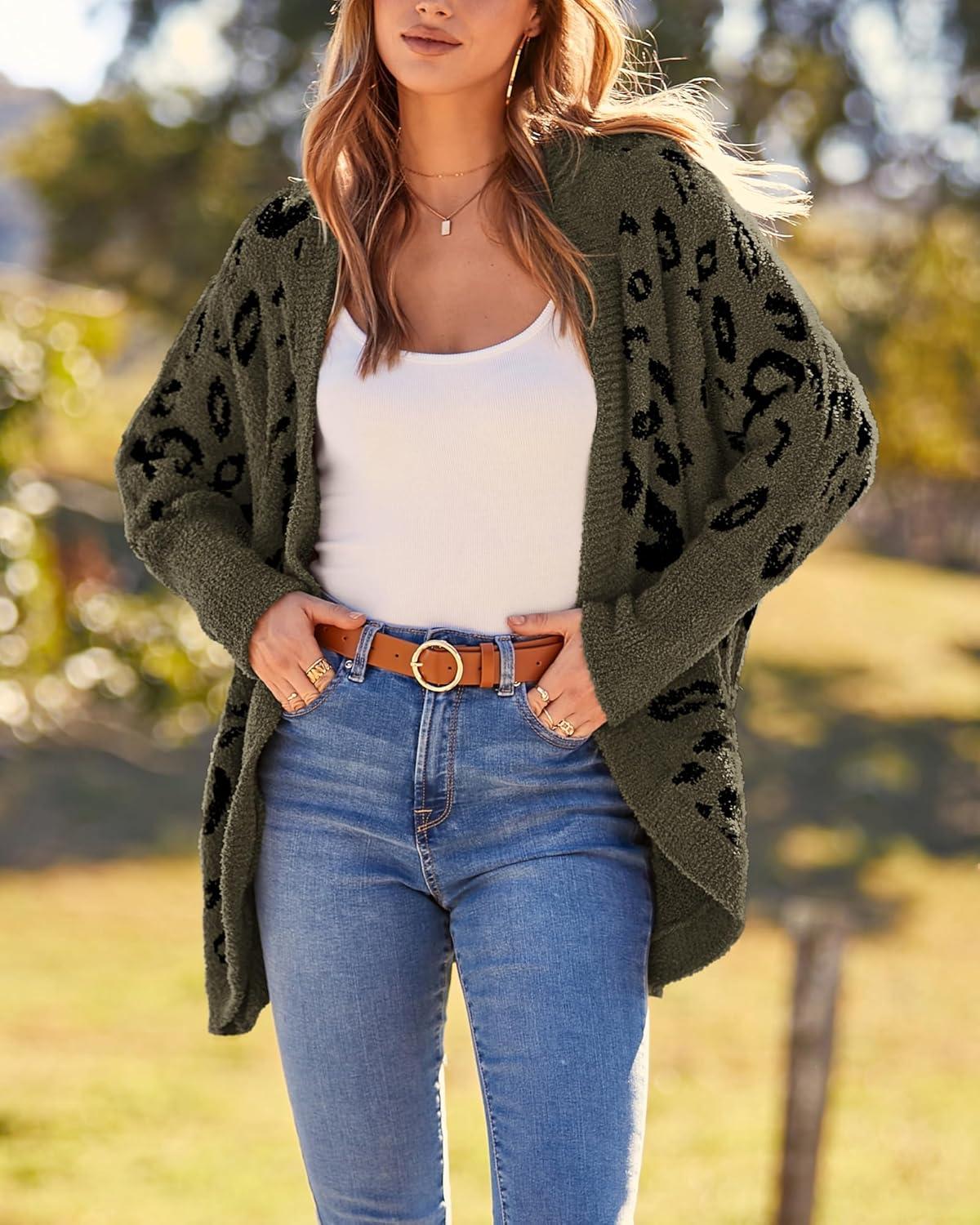 imageBTFBM Leopard Cardigan for Women Long Sleeve Open Front Cardigans Sweaters Pockets Loose Knit 2025 Fall Winter OutwearArmy Green
