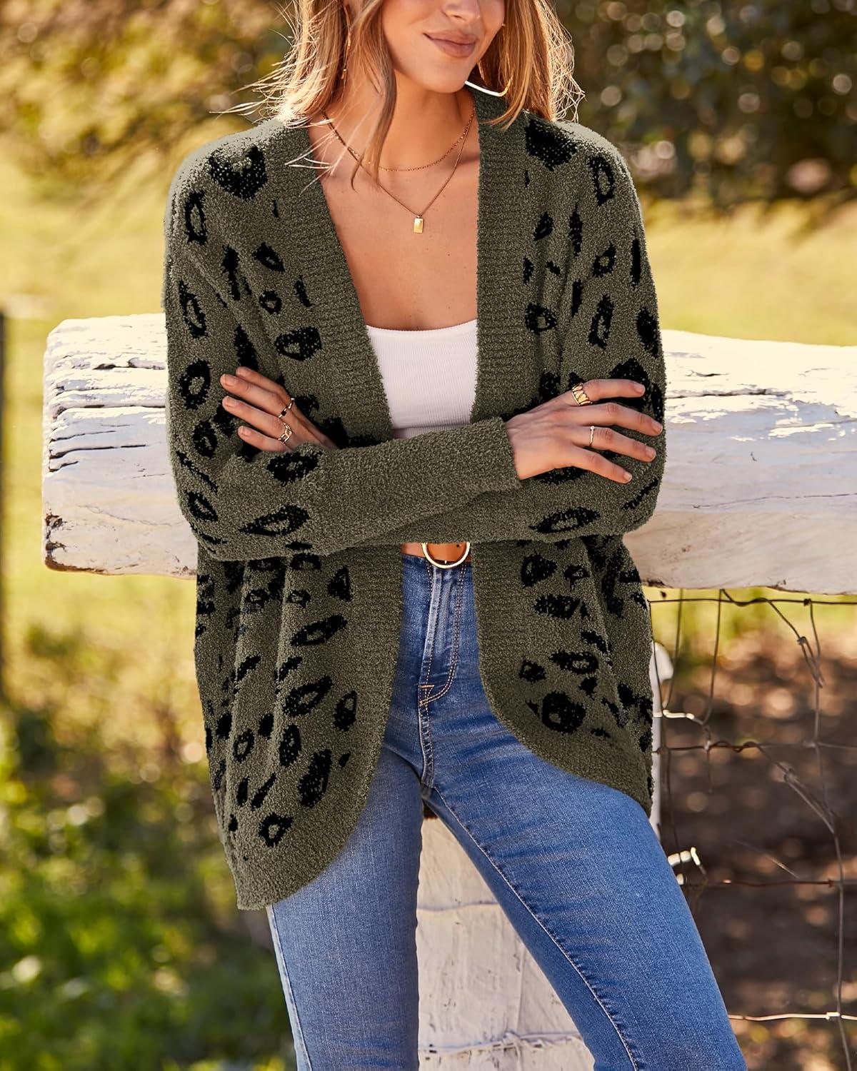 imageBTFBM Leopard Cardigan for Women Long Sleeve Open Front Cardigans Sweaters Pockets Loose Knit 2025 Fall Winter OutwearArmy Green