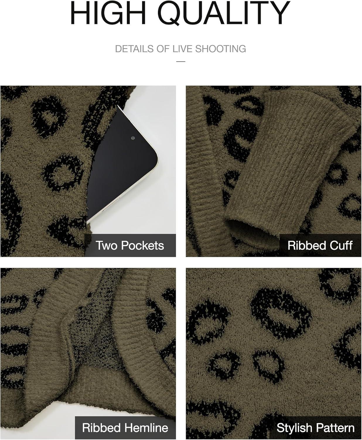 imageBTFBM Leopard Cardigan for Women Long Sleeve Open Front Cardigans Sweaters Pockets Loose Knit 2025 Fall Winter OutwearArmy Green