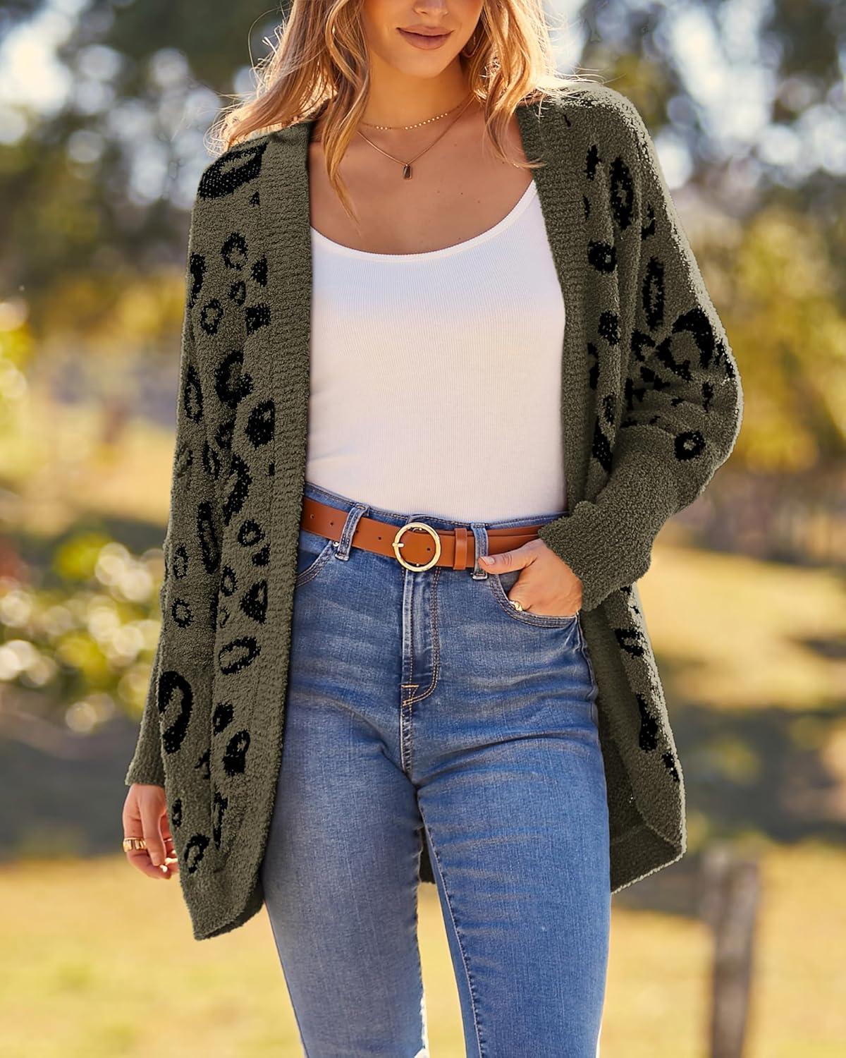imageBTFBM Leopard Cardigan for Women Long Sleeve Open Front Cardigans Sweaters Pockets Loose Knit 2025 Fall Winter OutwearArmy Green