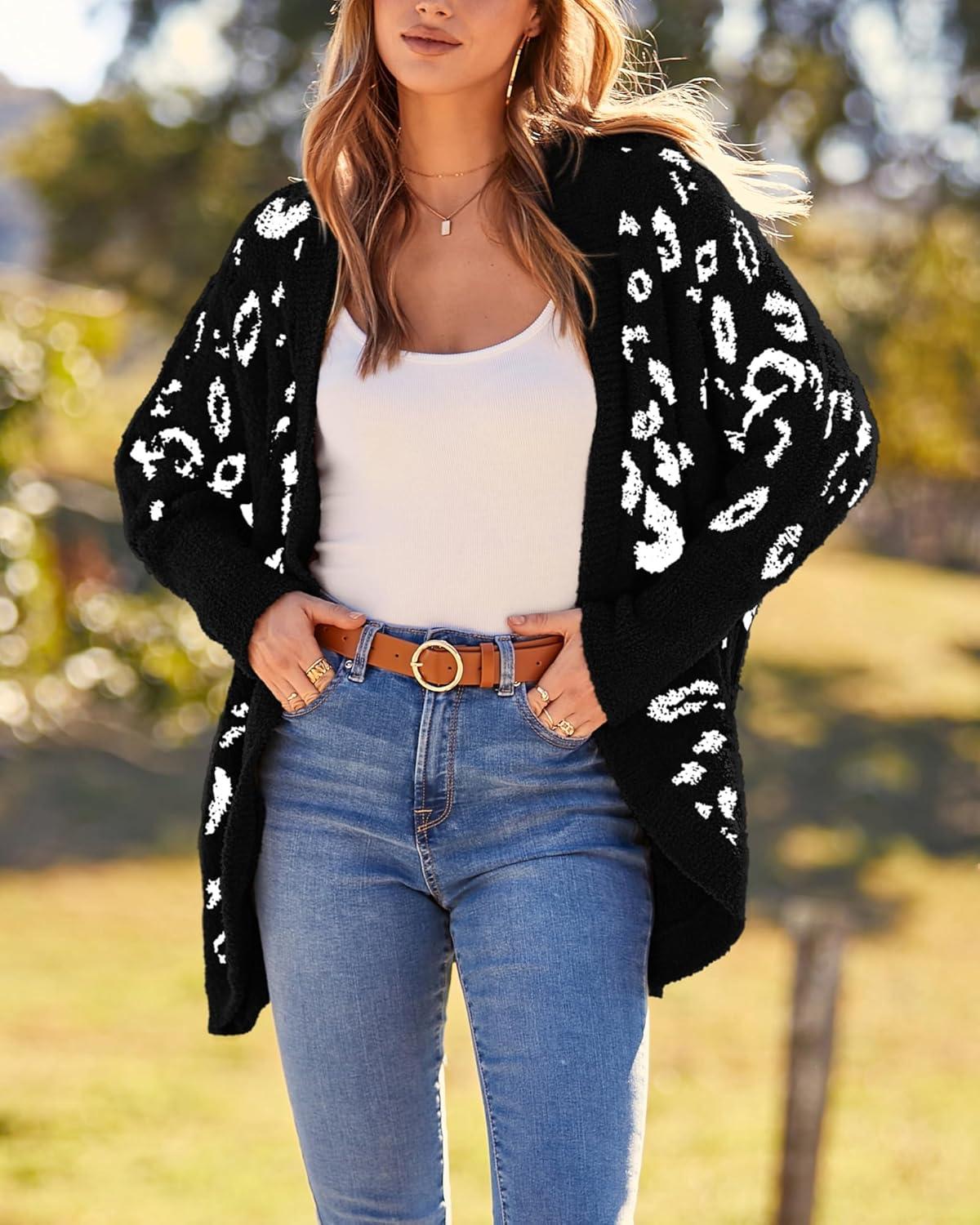 imageBTFBM Leopard Cardigan for Women Long Sleeve Open Front Cardigans Sweaters Pockets Loose Knit 2025 Fall Winter OutwearBlack