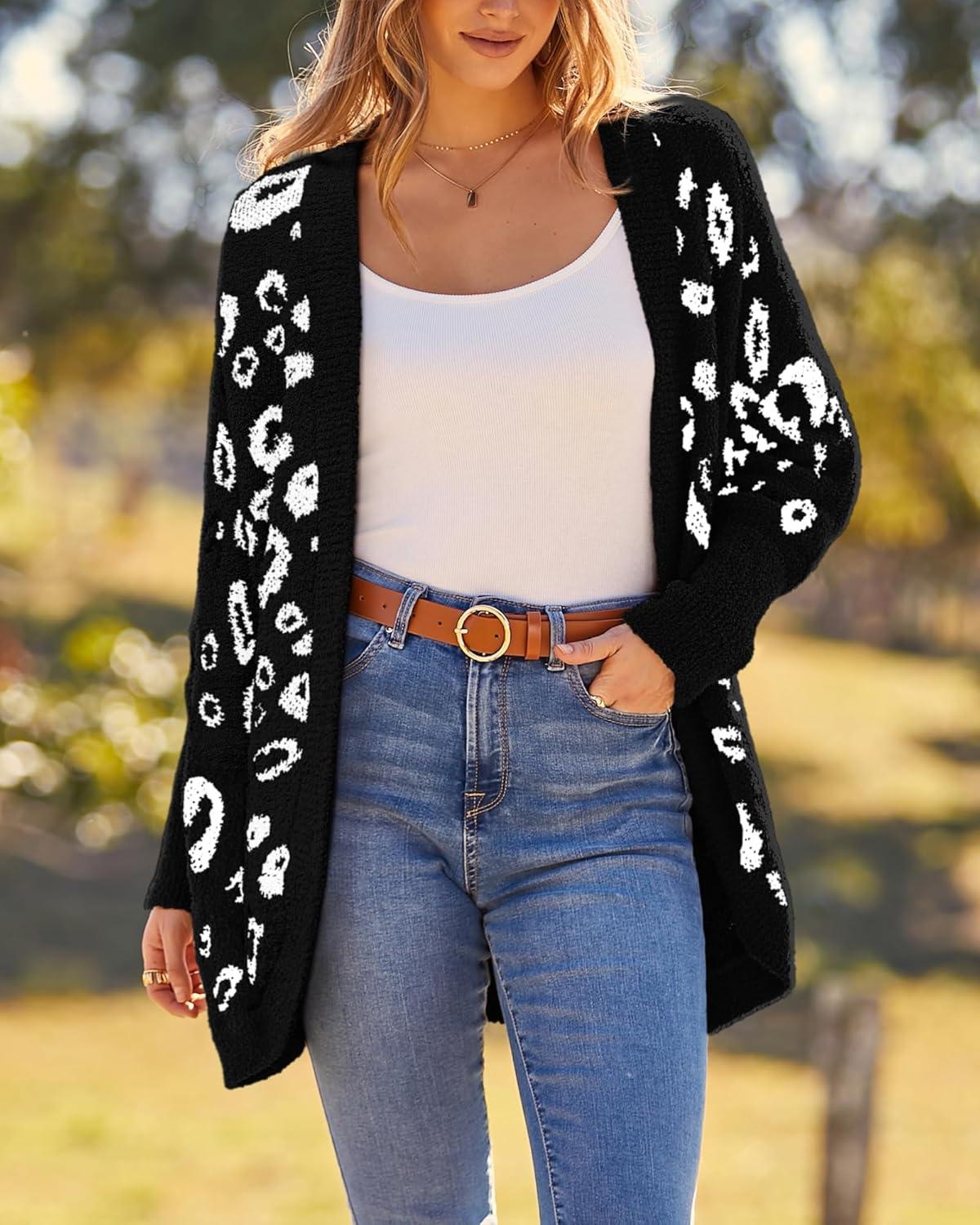 imageBTFBM Leopard Cardigan for Women Long Sleeve Open Front Cardigans Sweaters Pockets Loose Knit 2025 Fall Winter OutwearBlack