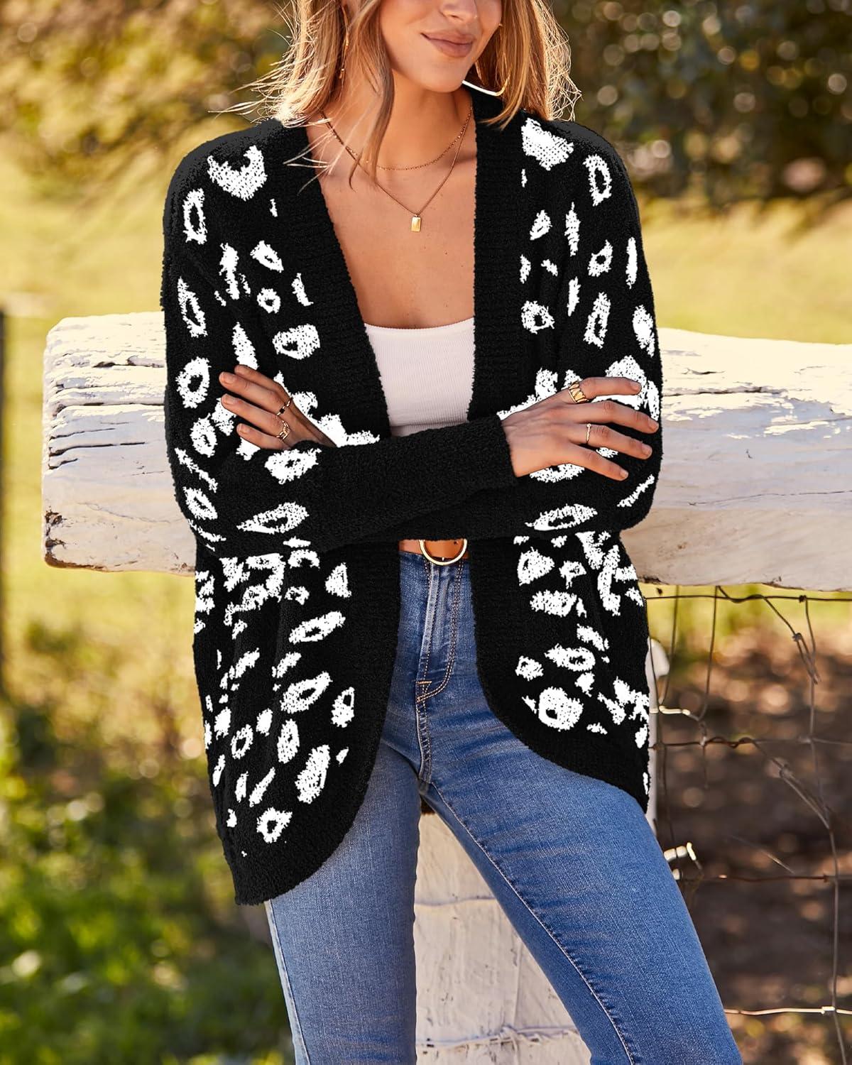 imageBTFBM Leopard Cardigan for Women Long Sleeve Open Front Cardigans Sweaters Pockets Loose Knit 2025 Fall Winter OutwearBlack
