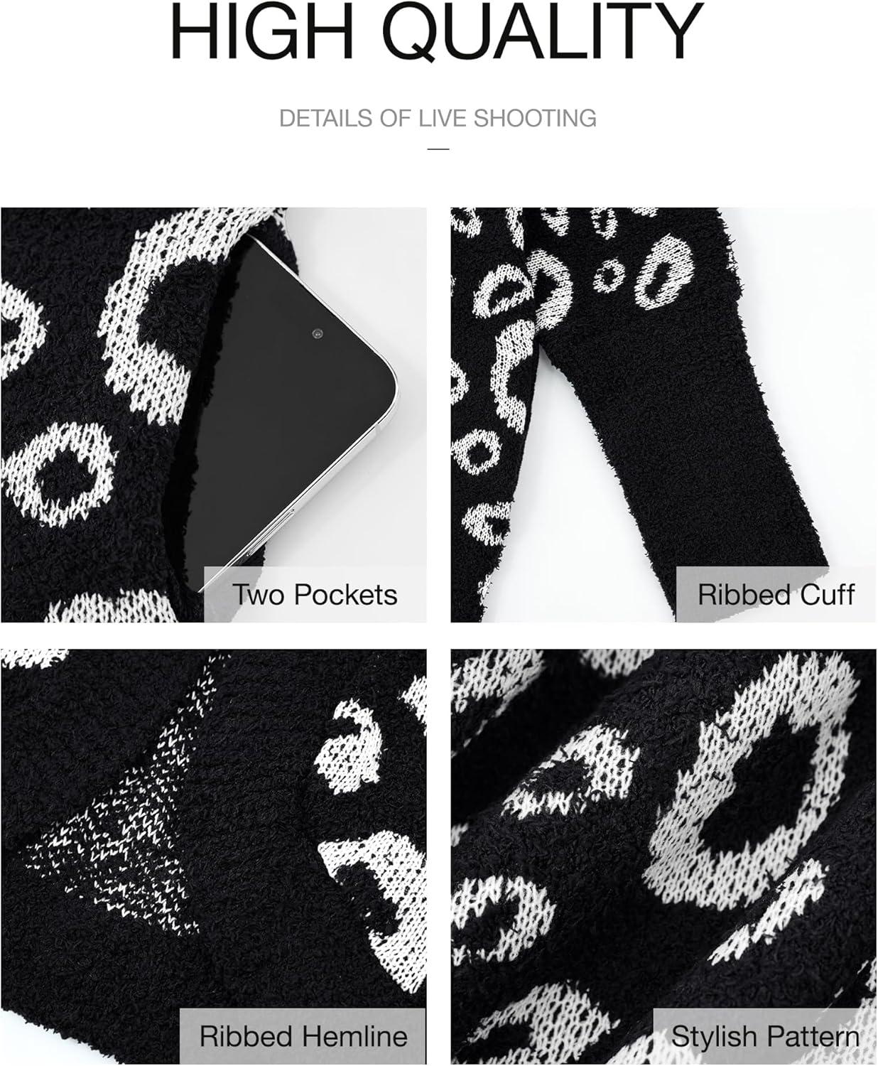 imageBTFBM Leopard Cardigan for Women Long Sleeve Open Front Cardigans Sweaters Pockets Loose Knit 2025 Fall Winter OutwearBlack