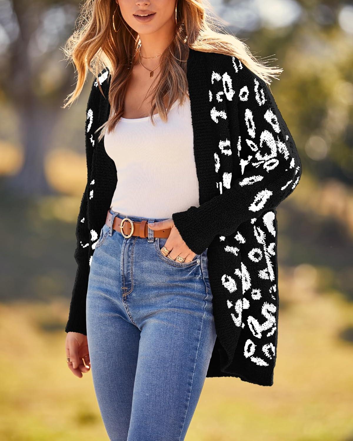 imageBTFBM Leopard Cardigan for Women Long Sleeve Open Front Cardigans Sweaters Pockets Loose Knit 2025 Fall Winter OutwearBlack
