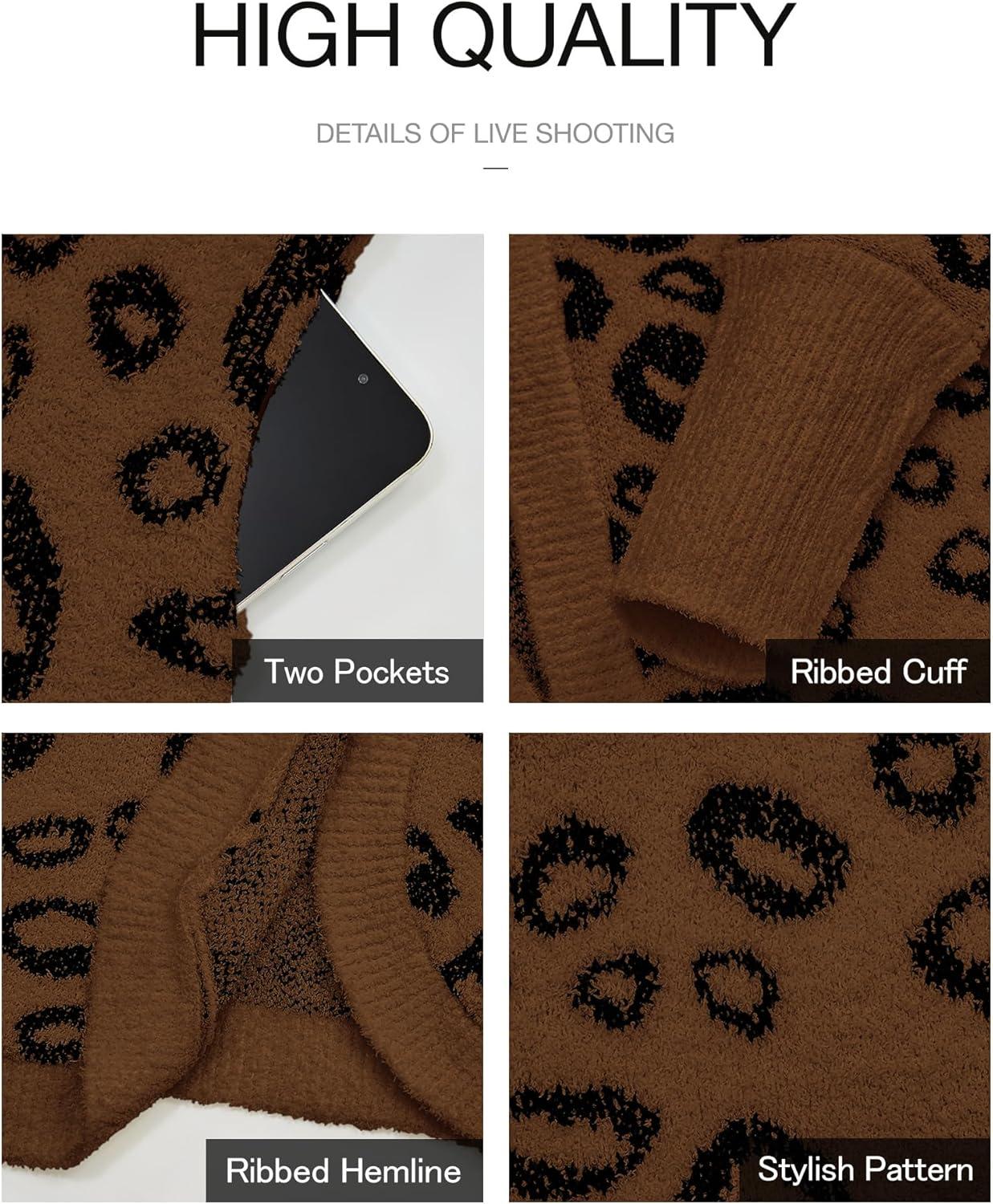 imageBTFBM Leopard Cardigan for Women Long Sleeve Open Front Cardigans Sweaters Pockets Loose Knit 2025 Fall Winter OutwearCoffee
