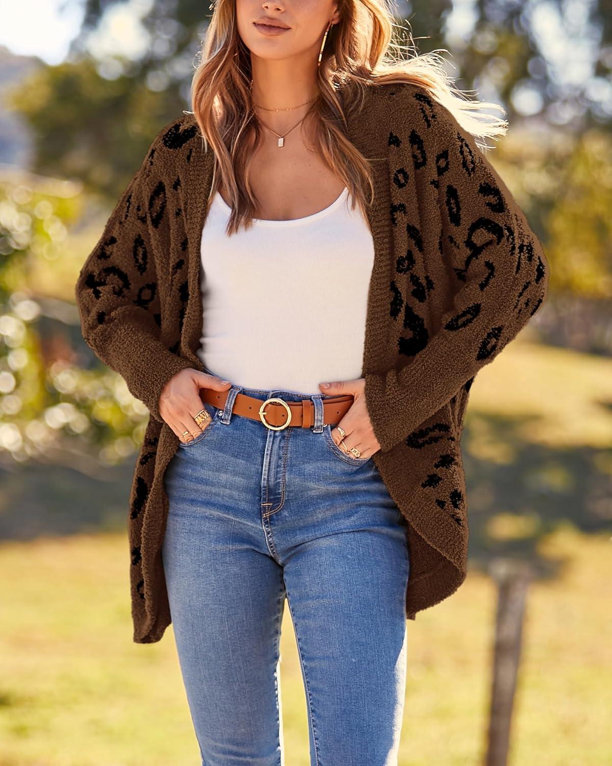 imageBTFBM Leopard Cardigan for Women Long Sleeve Open Front Cardigans Sweaters Pockets Loose Knit 2025 Fall Winter OutwearCoffee