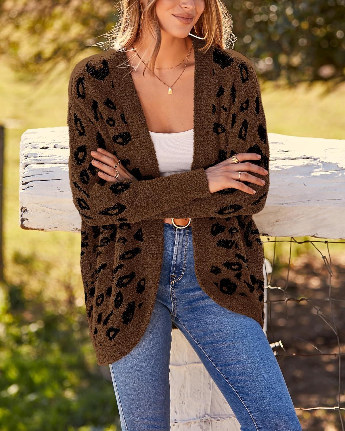 imageBTFBM Leopard Cardigan for Women Long Sleeve Open Front Cardigans Sweaters Pockets Loose Knit 2025 Fall Winter OutwearCoffee