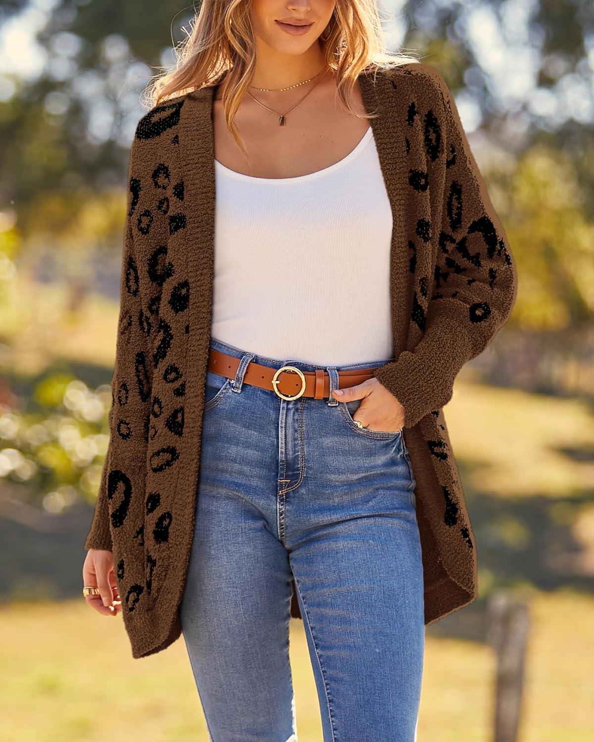 imageBTFBM Leopard Cardigan for Women Long Sleeve Open Front Cardigans Sweaters Pockets Loose Knit 2025 Fall Winter OutwearCoffee
