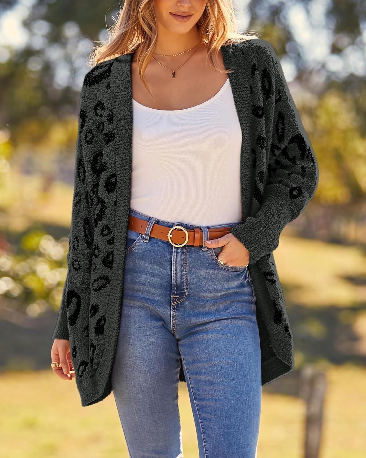 imageBTFBM Leopard Cardigan for Women Long Sleeve Open Front Cardigans Sweaters Pockets Loose Knit 2025 Fall Winter OutwearDark Grey