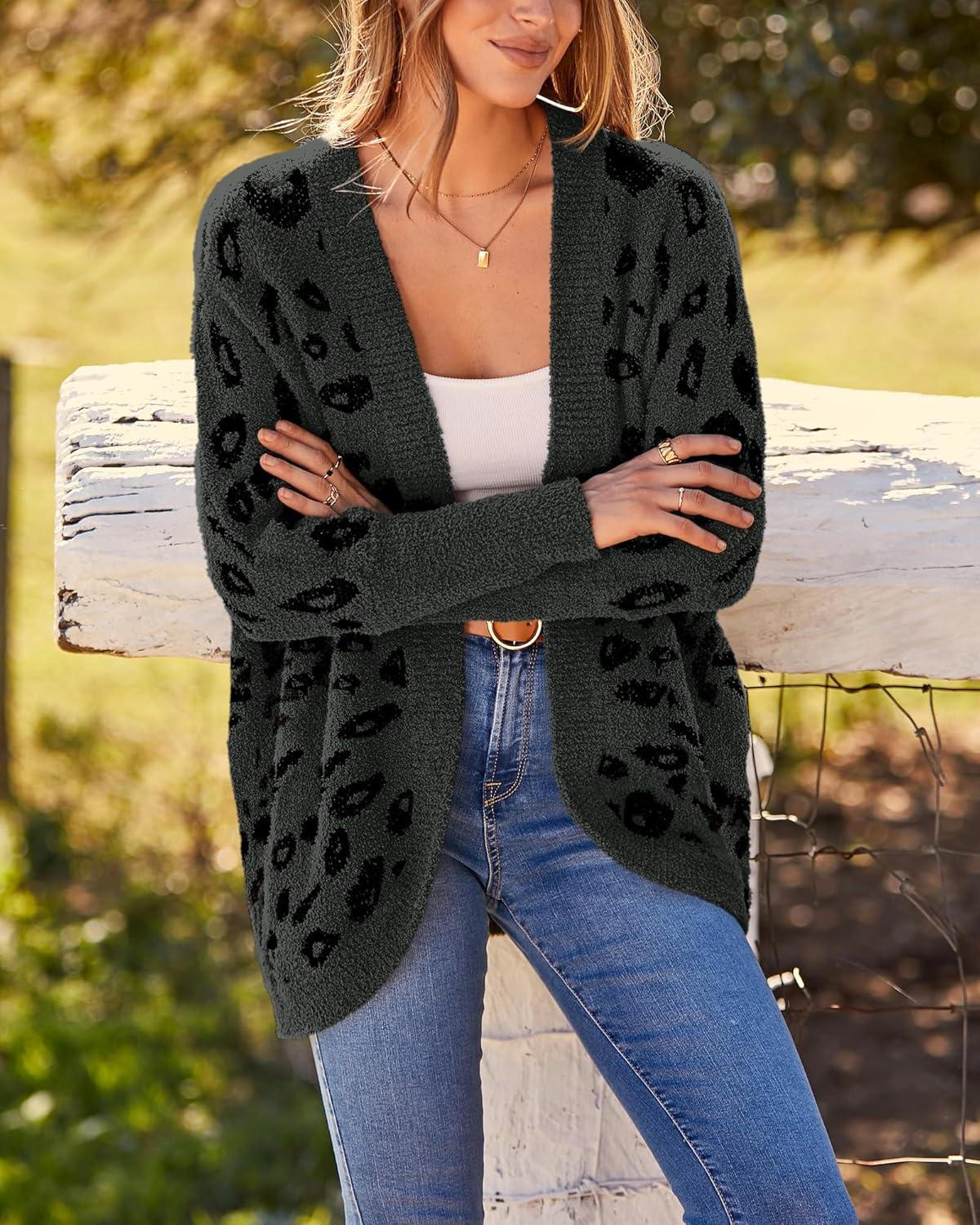 imageBTFBM Leopard Cardigan for Women Long Sleeve Open Front Cardigans Sweaters Pockets Loose Knit 2025 Fall Winter OutwearDark Grey