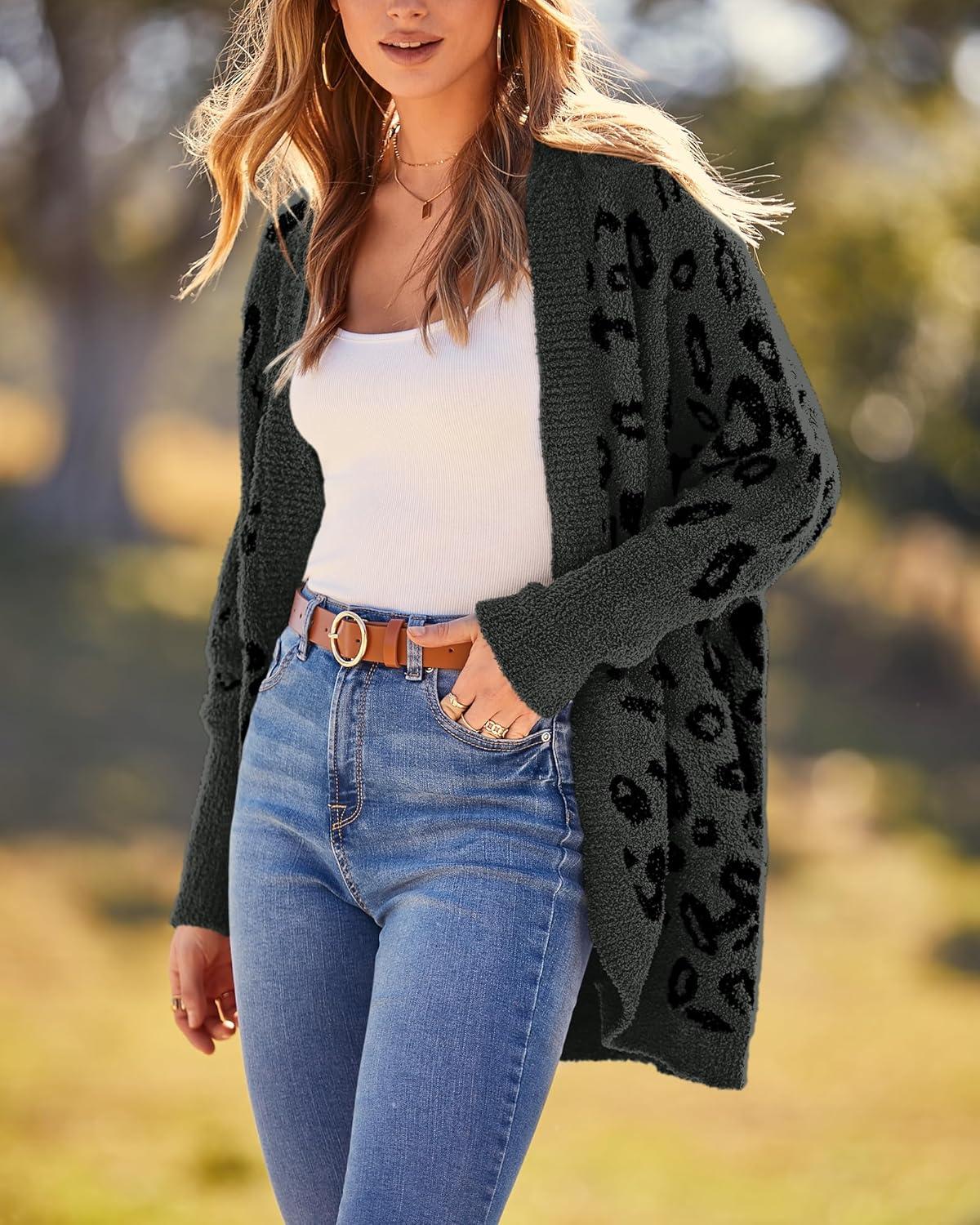 imageBTFBM Leopard Cardigan for Women Long Sleeve Open Front Cardigans Sweaters Pockets Loose Knit 2025 Fall Winter OutwearDark Grey