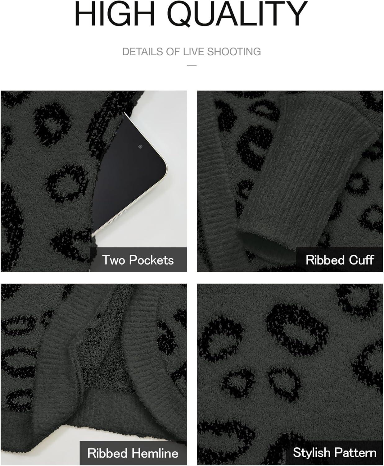 imageBTFBM Leopard Cardigan for Women Long Sleeve Open Front Cardigans Sweaters Pockets Loose Knit 2025 Fall Winter OutwearDark Grey