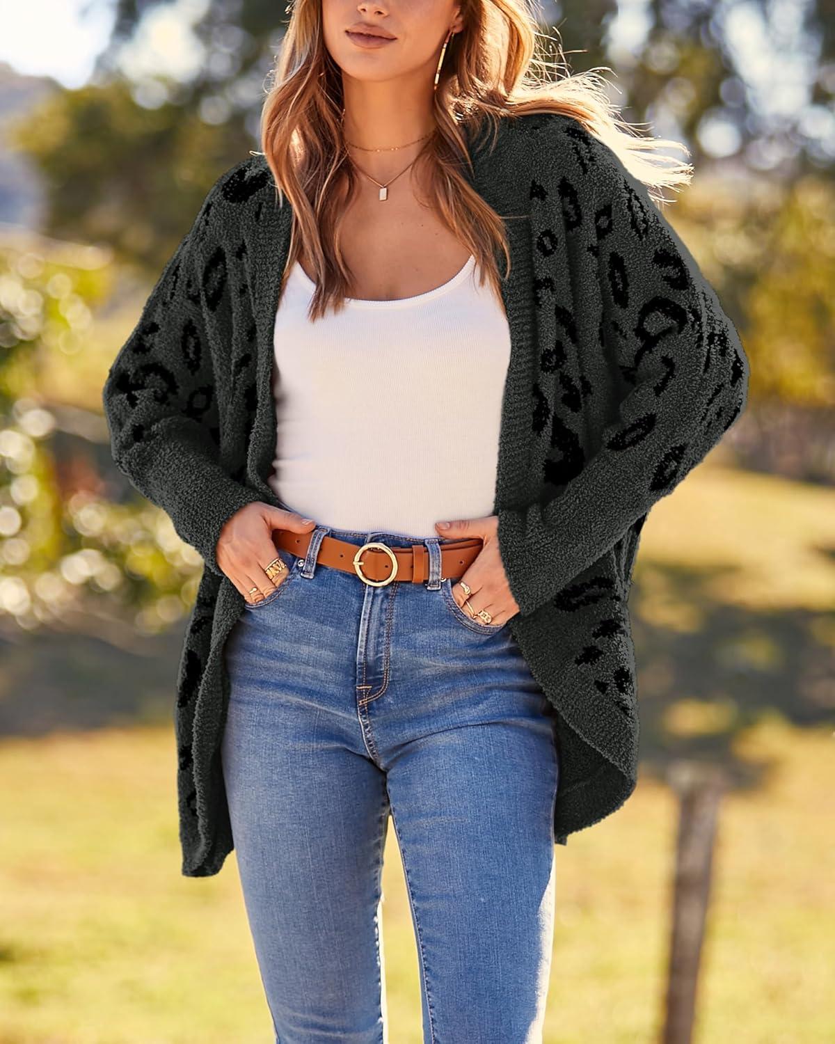 imageBTFBM Leopard Cardigan for Women Long Sleeve Open Front Cardigans Sweaters Pockets Loose Knit 2025 Fall Winter OutwearDark Grey